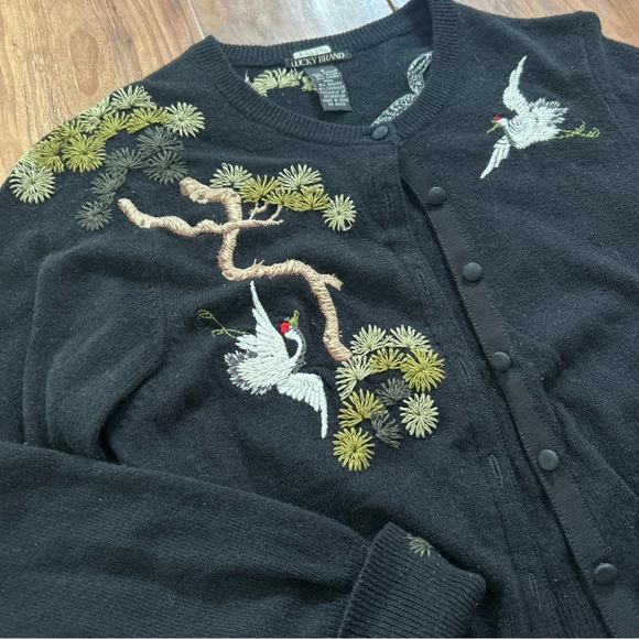 Lucky Brand Crane Embroidery Cottagecore Cardigan Lambswool Blend Soft Knit Sz S - Picture 2 of 12